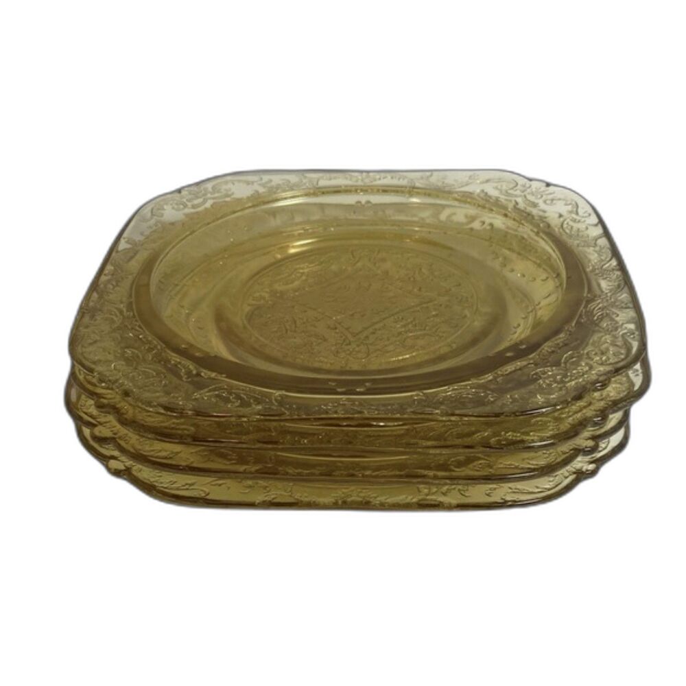 VTG Lot of 4 Federal Glass Yellow “Madrid” Depression Bread Plates 6” Square